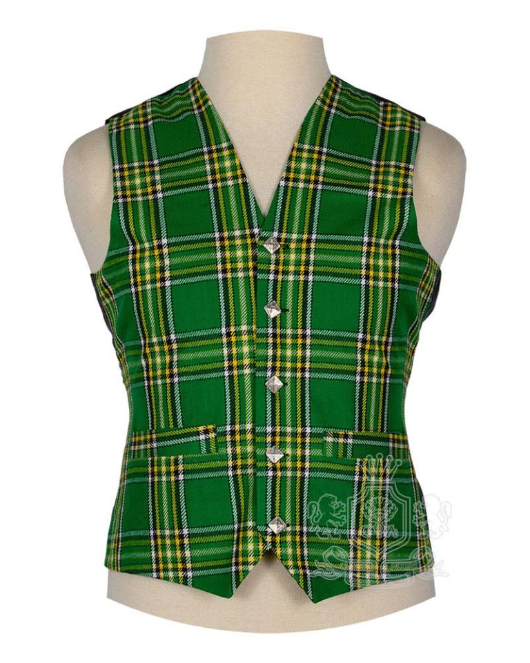 Irish National Tartan Vest in iconic emerald green orange and white Celtic heritage tartan, 5-button front view