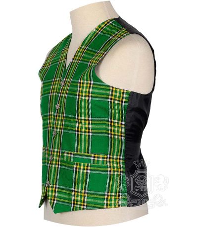 Irish National tartan waistcoat showing Rampant Lion silver buttons and V-neck design detail