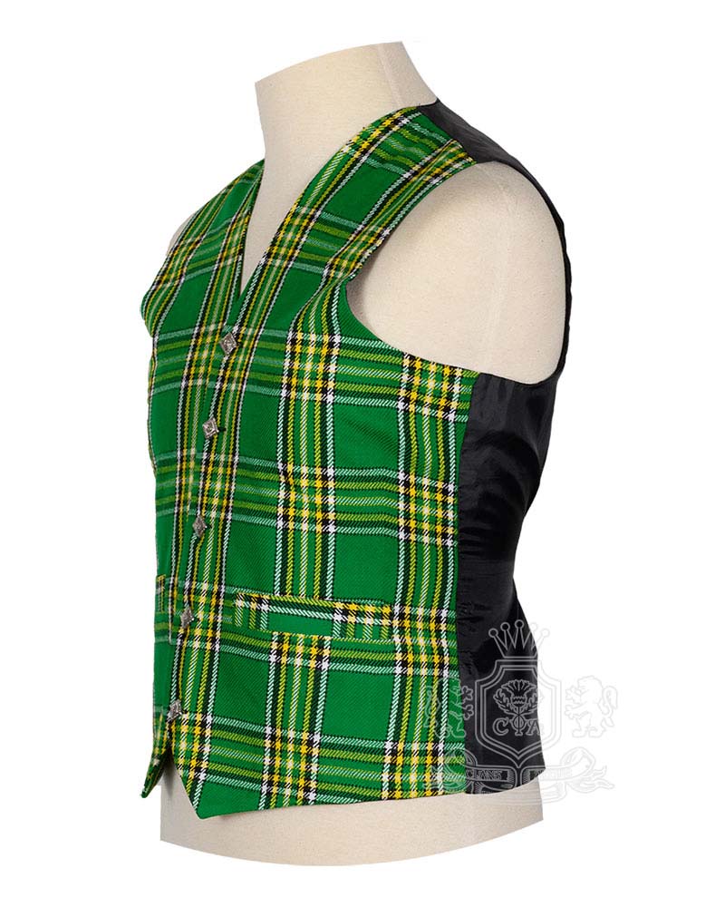 Irish National tartan waistcoat showing Rampant Lion silver buttons and V-neck design detail
