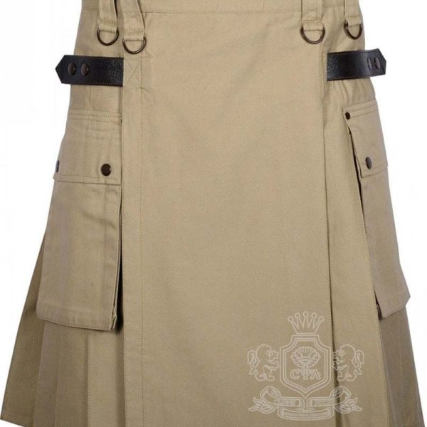 Khaki Cotton Utility Kilt with Adjustable Leather Straps