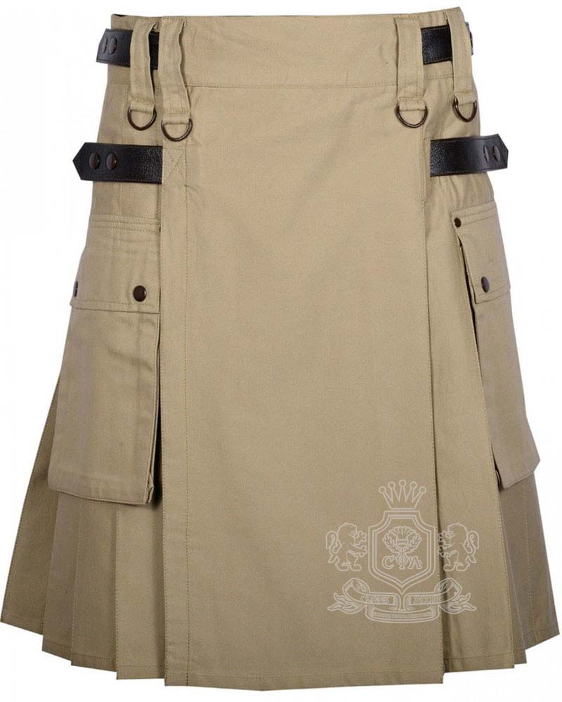 khaki-leather-straps-kilt Khaki Cotton Utility Kilt with Adjustable Leather Straps - Image 1