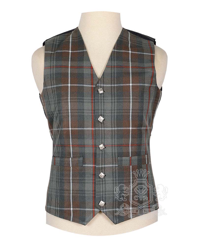 MacKenzie Weathered Tartan Vest in muted green soft red and blue historic Highland colourway, 5-button front view
