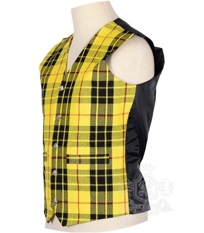 MacLeod of Lewis tartan waistcoat showing Rampant Lion silver buttons and V-neck design detail
