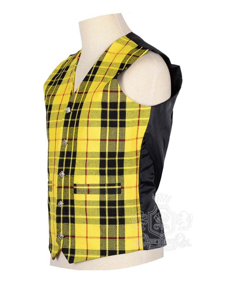 MacLeod of Lewis tartan waistcoat showing Rampant Lion silver buttons and V-neck design detail