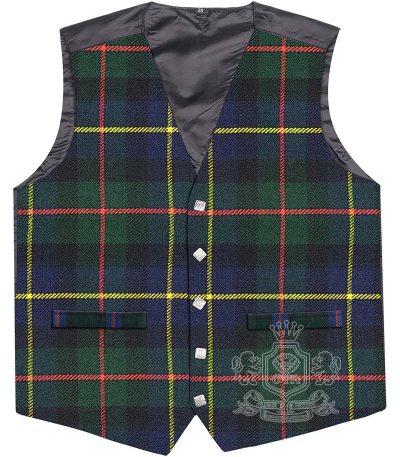 MacLeod of Harris Tartan Vest in Lovat blue rich green and yellow Hebridean clan tartan, 5-button front view