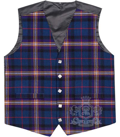 Masonic Tartan Vest in officially registered Freemason navy blue red and gold tartan, 5-button front view