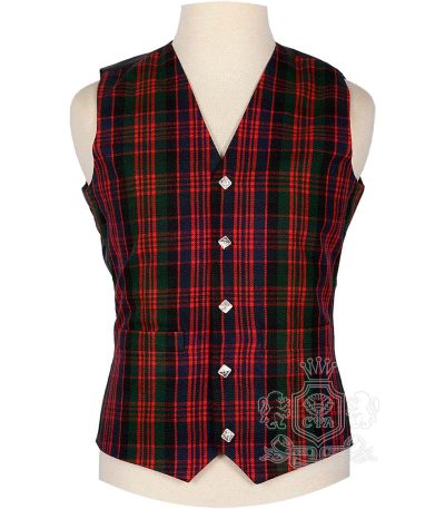MacDonald Modern Tartan Argyle Waistcoat in bold red green and navy clan tartan with notched lapel collar, front view