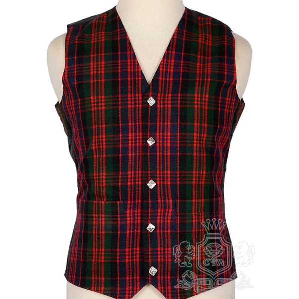 MacDonald Modern Tartan Argyle Waistcoat in bold red green and navy clan tartan with notched lapel collar, front view