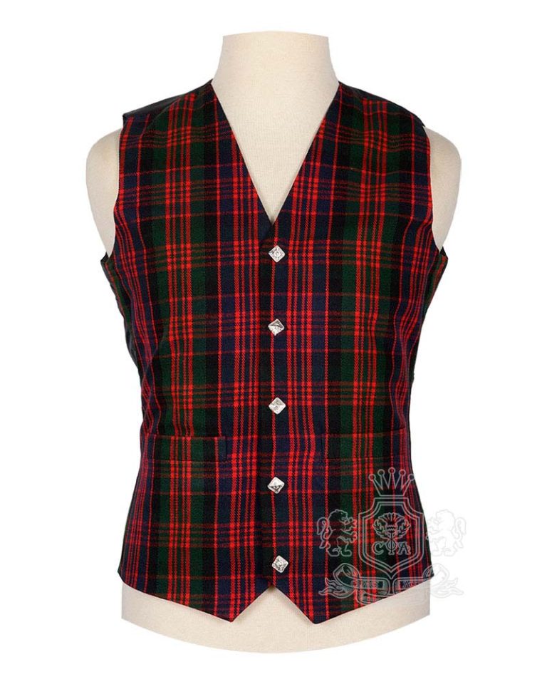 MacDonald Modern Tartan Argyle Waistcoat in bold red green and navy clan tartan with notched lapel collar, front view