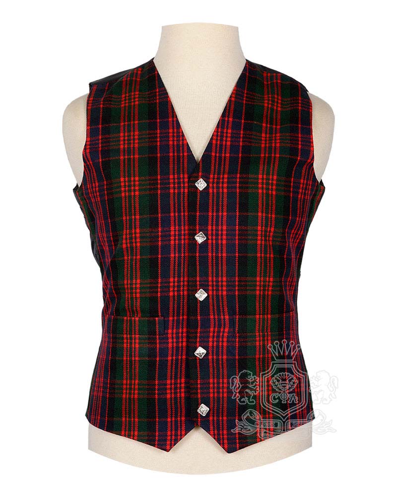 MacDonald Modern Tartan Argyle Waistcoat in bold red green and navy clan tartan with notched lapel collar, front view