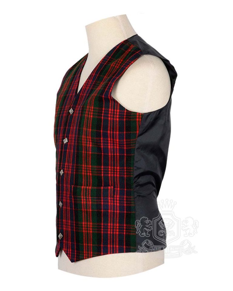 MacDonald Modern tartan argyle waistcoat showing distinctive notched lapel collar and Celtic silver buttons