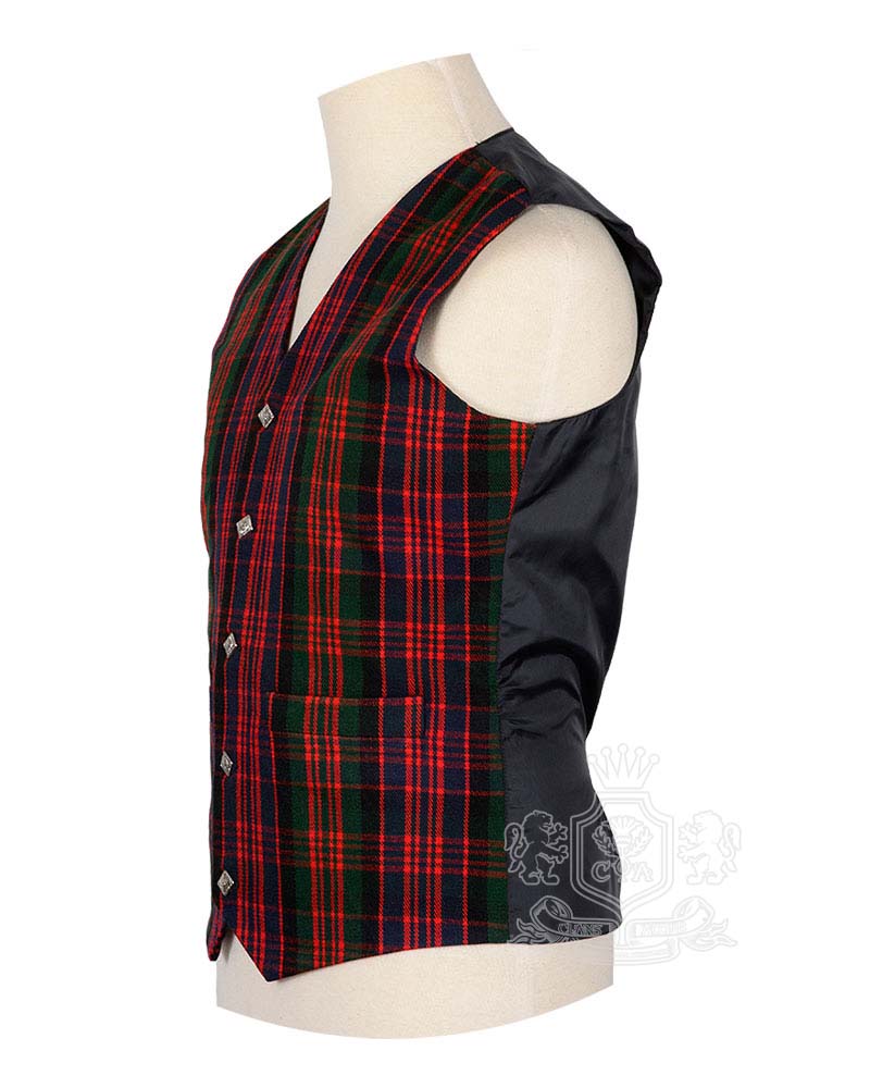 MacDonald Modern tartan argyle waistcoat showing distinctive notched lapel collar and Celtic silver buttons
