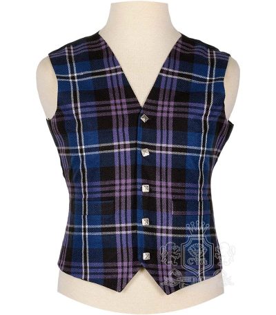 Pride of Scotland Tartan Vest in rich purple forest green and navy blue universal Scottish national tartan, 5-button front view