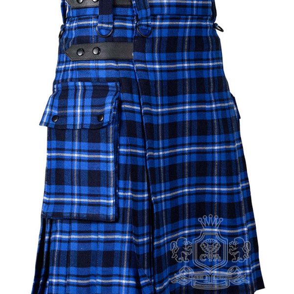 Ramsay Blue Tartan Utility Kilt with Adjustable Leather Straps