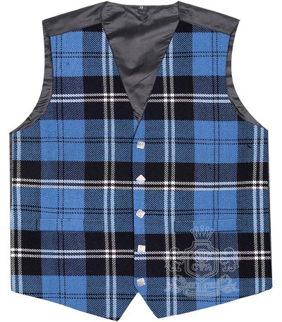 Ramsay Blue Hunting Tartan Vest in deep navy blue forest green and black clan tartan, 5-button front view