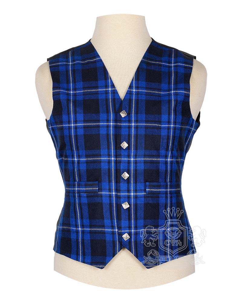 Ramsay Blue Tartan Vest in elegant blue black and white clan tartan, 5-button front view