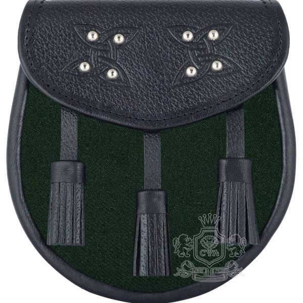 Solid Green Tartan Black Leather Sporran | Scottish Kilt Pouch