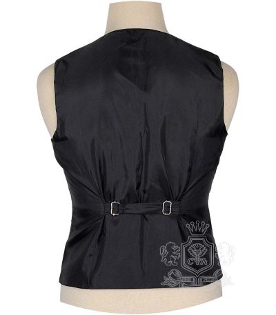 Black Watch Weathered Tartan Vest back view showing black satin lining and adjustable silver buckle strap