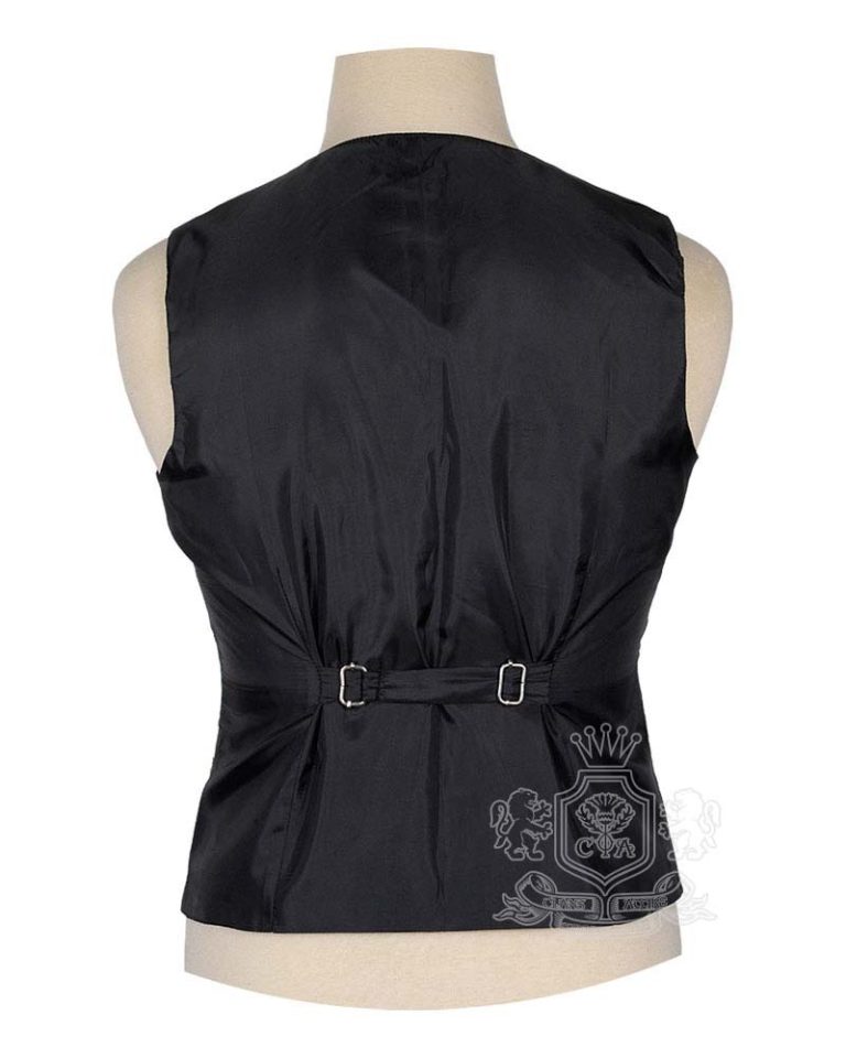 Black Watch Weathered Tartan Vest back view showing black satin lining and adjustable silver buckle strap