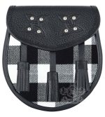 White Black Rob Roy Tartan Black Leather Sporran | Scottish Kilt Pouch