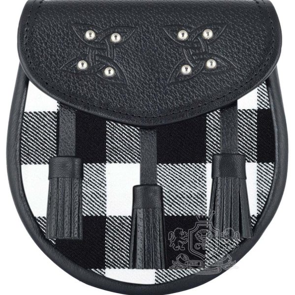 White Black Rob Roy Tartan Black Leather Sporran | Scottish Kilt Pouch