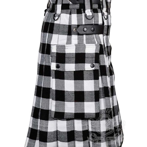 White Black Rob Roy Tartan Utility Kilt with Adjustable Leather Straps