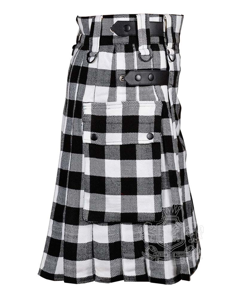 white-black-tartan-utility-kilt-side White Black Rob Roy Tartan Utility Kilt with Adjustable Leather Straps - Image 1