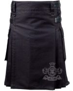 Black Cotton Utility Kilt with Adjustable Leather Straps