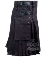 Black Cotton Utility Kilt with Adjustable Leather Straps - Image 2