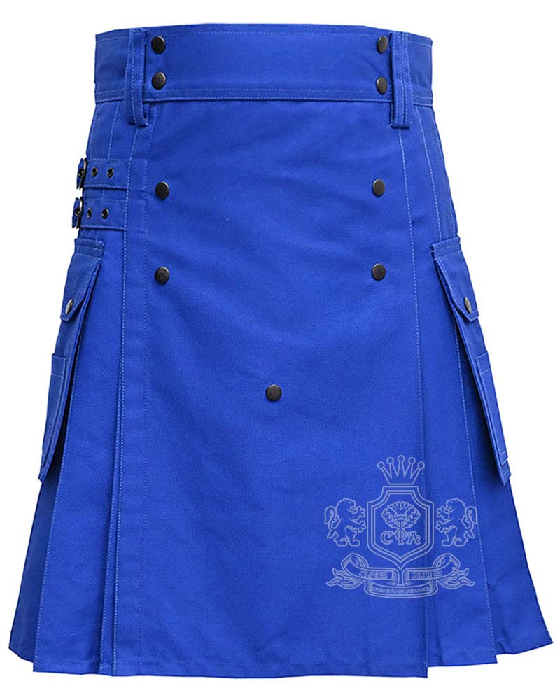 Blue-Cotton-Utility-Kilt-5-bottons-front Royal Blue Cotton Utility Kilt with cargo pockets - Image 1