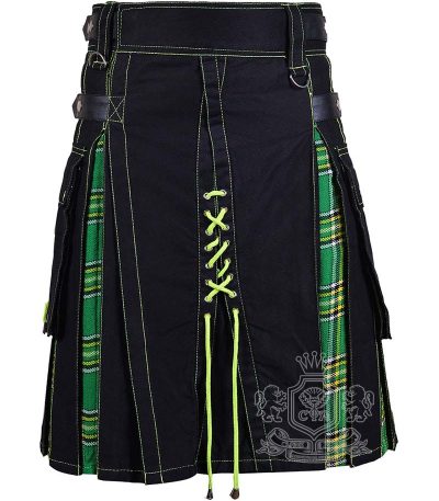 Black Inner Irish Tartan Hybrid Utility Kilt Men Laces Cargo Pockets Custom