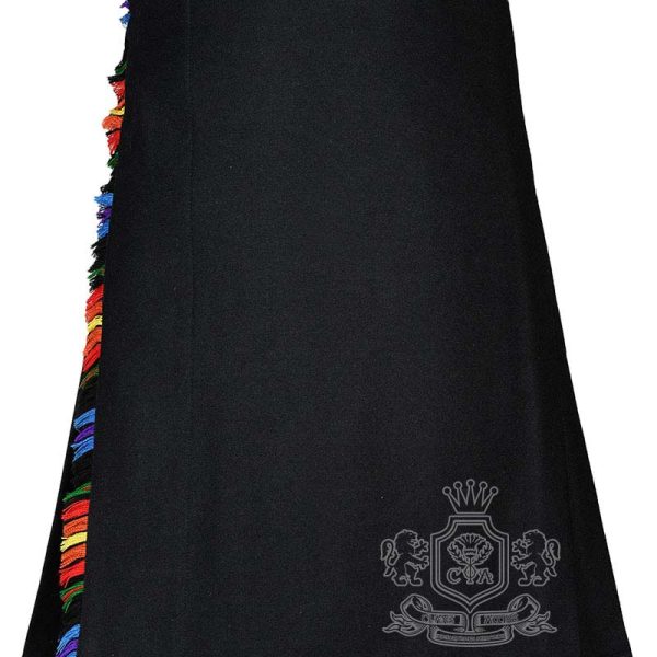 Black Wool 8 Yard Kilt | LGBTQ Pride Tartan Fringed Appron