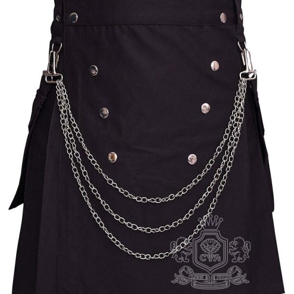 Black Cotton Gothic Kilt Utility Kilt with Silver Chains Punk Pleated Skirt
