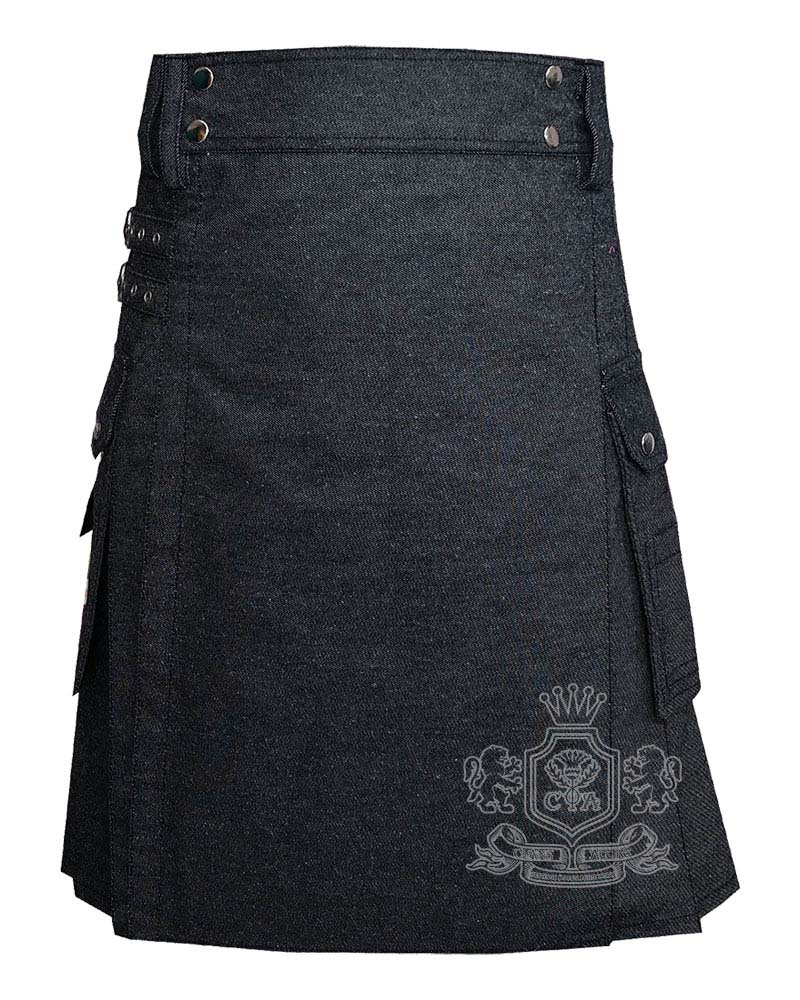 black-denim-utility-kilts-front Black Denim Utility Kilt - Image 1