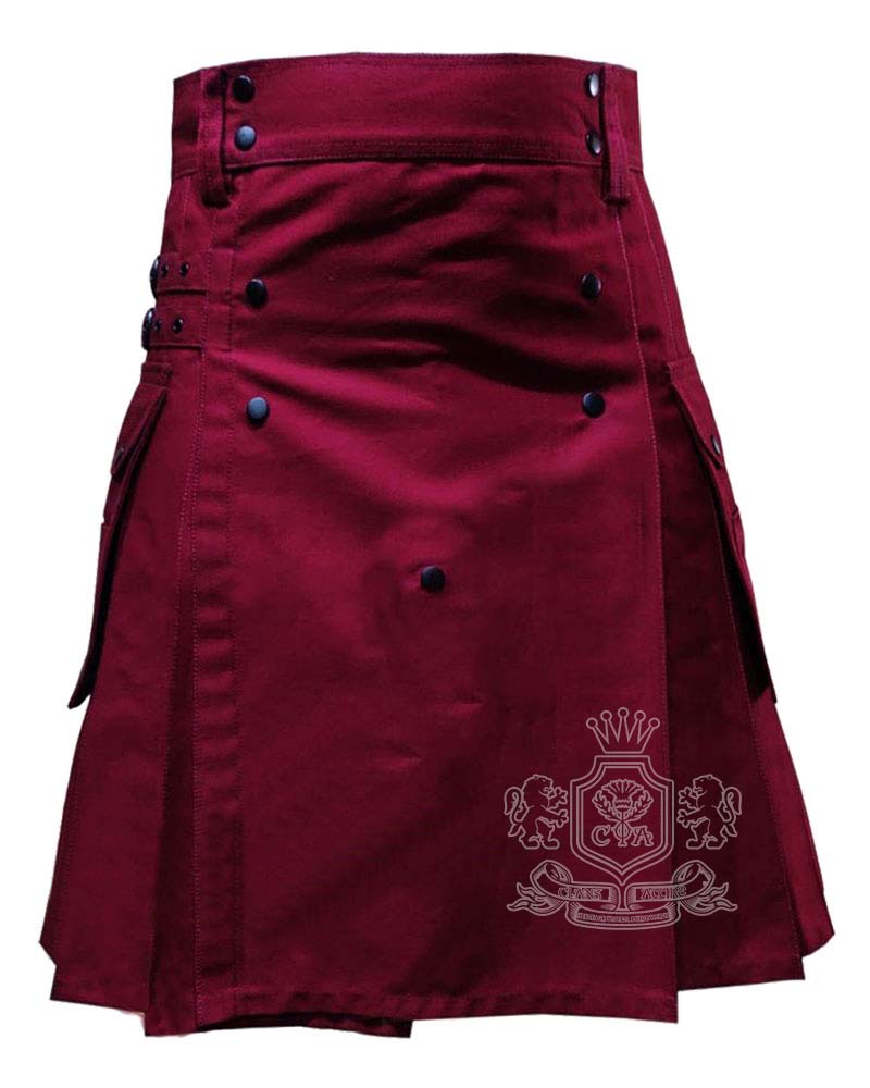 burgundy-cotton-utility-kilt-front Burgundy Cotton Utility Kilt Utility Kilt with cargo pockets - Image 1