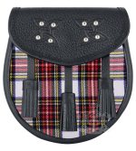 Dress Stewart Tartan Black Leather Sporran | Scottish Kilt Pouch