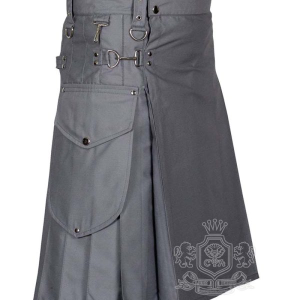 Grey Cotton Utility Kilt with Cargo Pockets