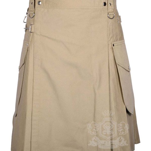 Khaki Cotton Utility Kilt with Cargo Pockets