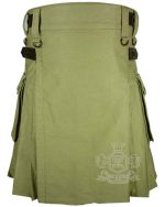Olive Green Cotton Utility Kilt with Adjustable Leather Straps - Image 2