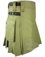 Olive Green Cotton Utility Kilt with Adjustable Leather Straps