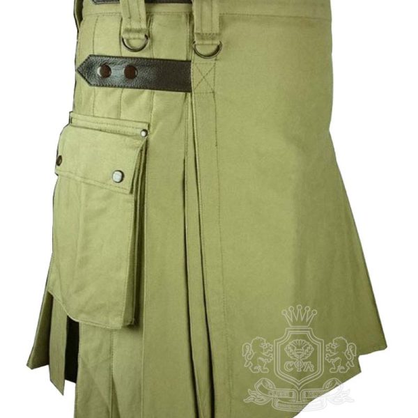 Olive Green Cotton Utility Kilt with Adjustable Leather Straps