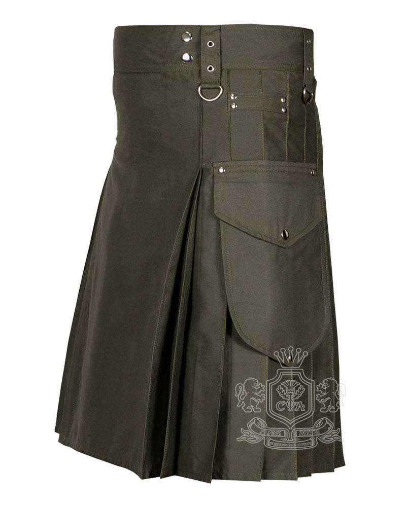 olive-green-utility-cotton-kilt-side Olive Green Cotton Utility Kilt with Cargo Pockets - Image 1