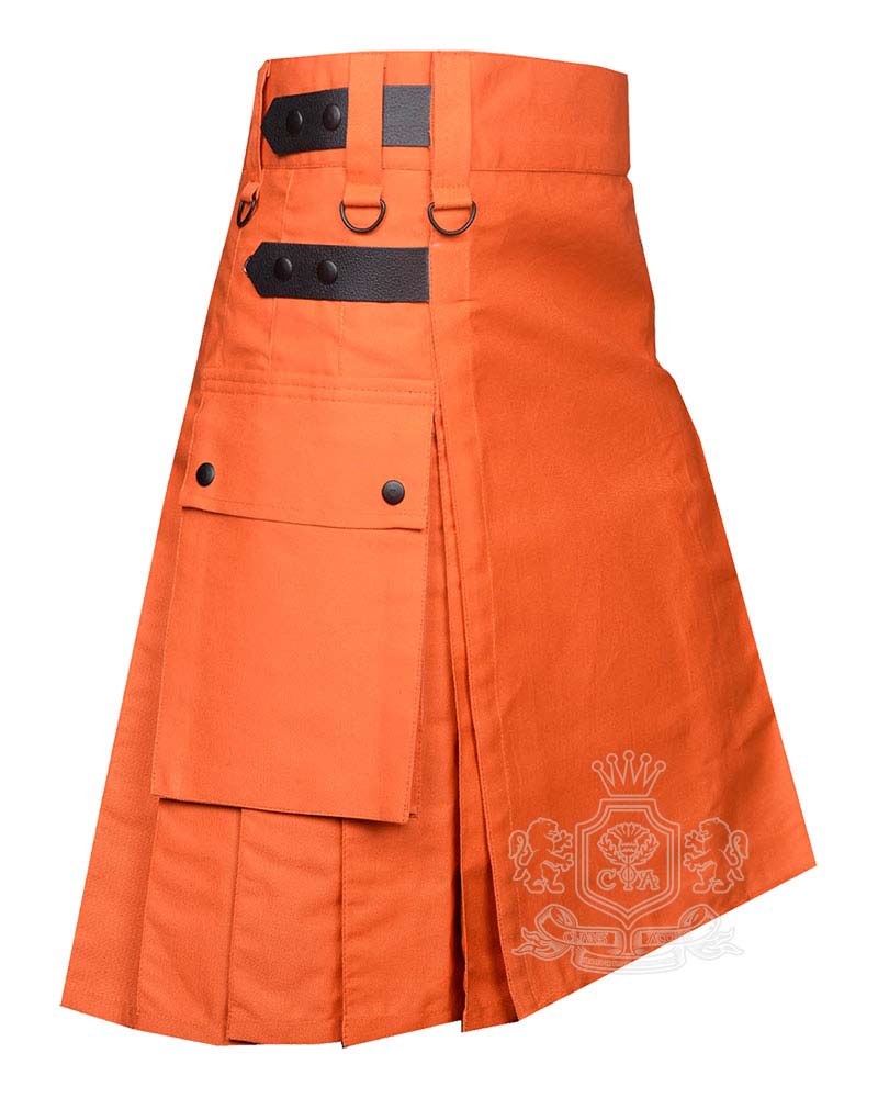 orange-cotton-utility-leatherstrap-kilt-side-1 Orange Cotton Utility Kilt with Adjustable Leather Straps - Image 1