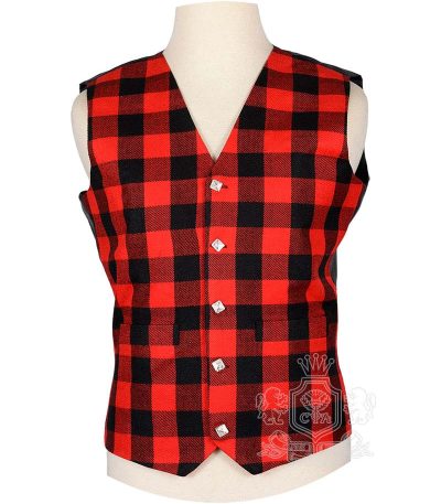 Rob Roy MacGregor Tartan Vest in bold red and black checkered clan tartan, 5-button front view