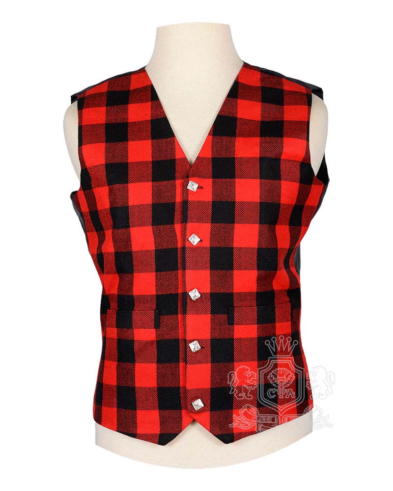 Rob Roy MacGregor Tartan Vest in bold red and black checkered clan tartan, 5-button front view