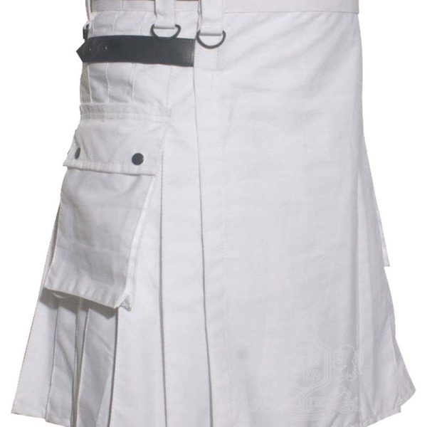 White Cotton Utility Kilt with Adjustable Leather Straps
